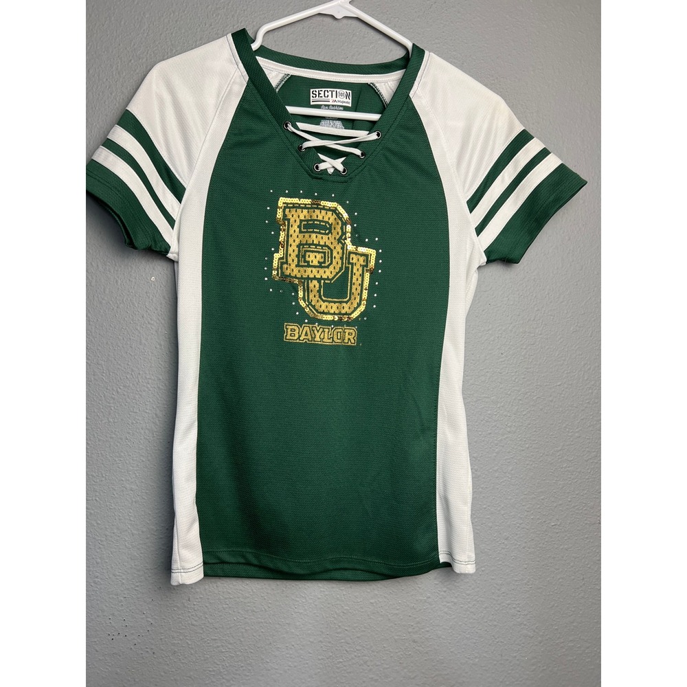 Majestic Section 101 Baylor Bears Lace Up Jersey Top Green White Sequin Small